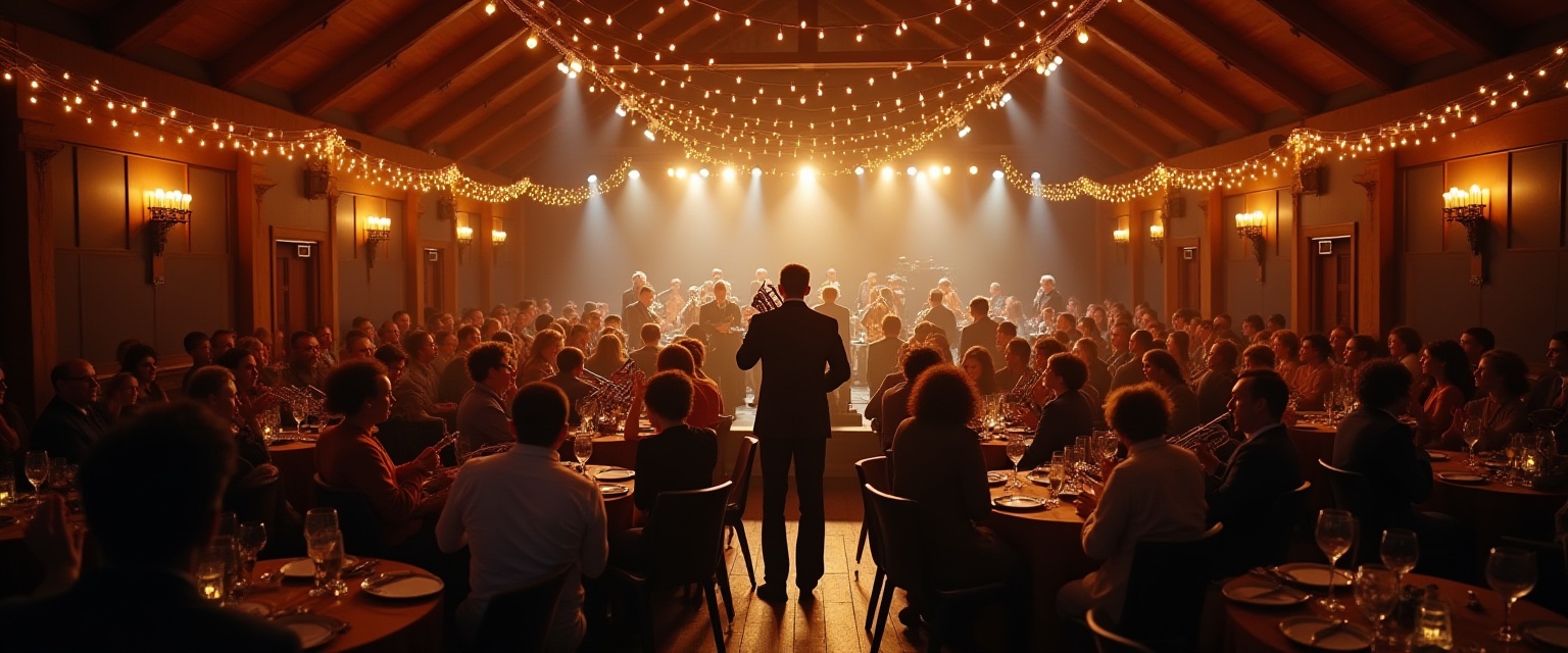 Guests seated at round tables for a club fundraiser dinner event