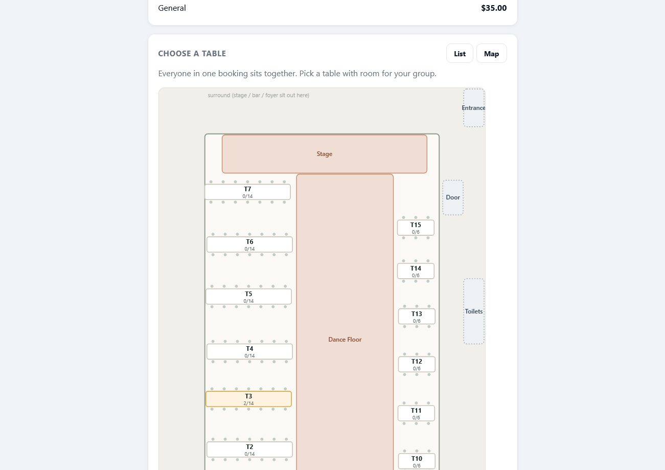 A club's event floor plan — stage, dance floor, and numbered tables the guest picks from